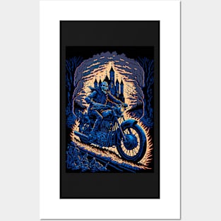 Skeleton Riding Motorbike On Flames Posters and Art